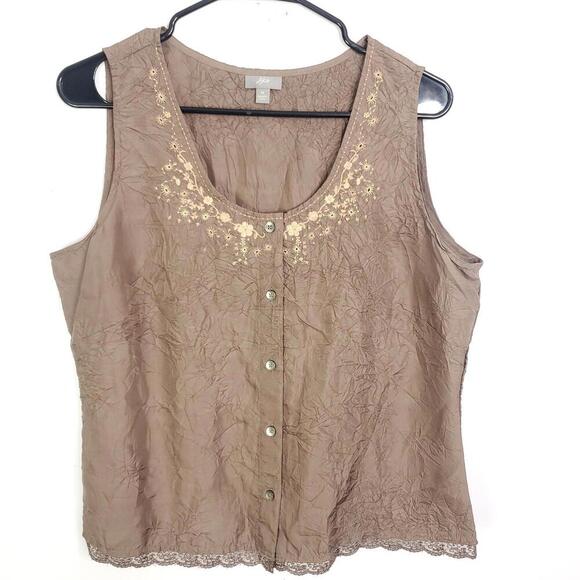 J Jill Top Womens M Silk Button Front Tank Floral Embroidered Neckline - Picture 1 of 10